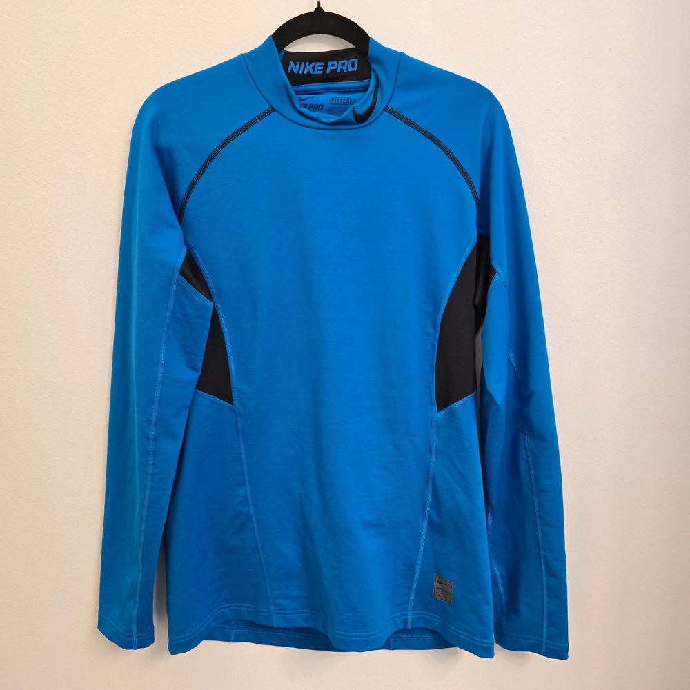 Nike Pro Dri-FIT Mens Blue Long Sleeve Mock Neck Fitted Compression Shirt Medium